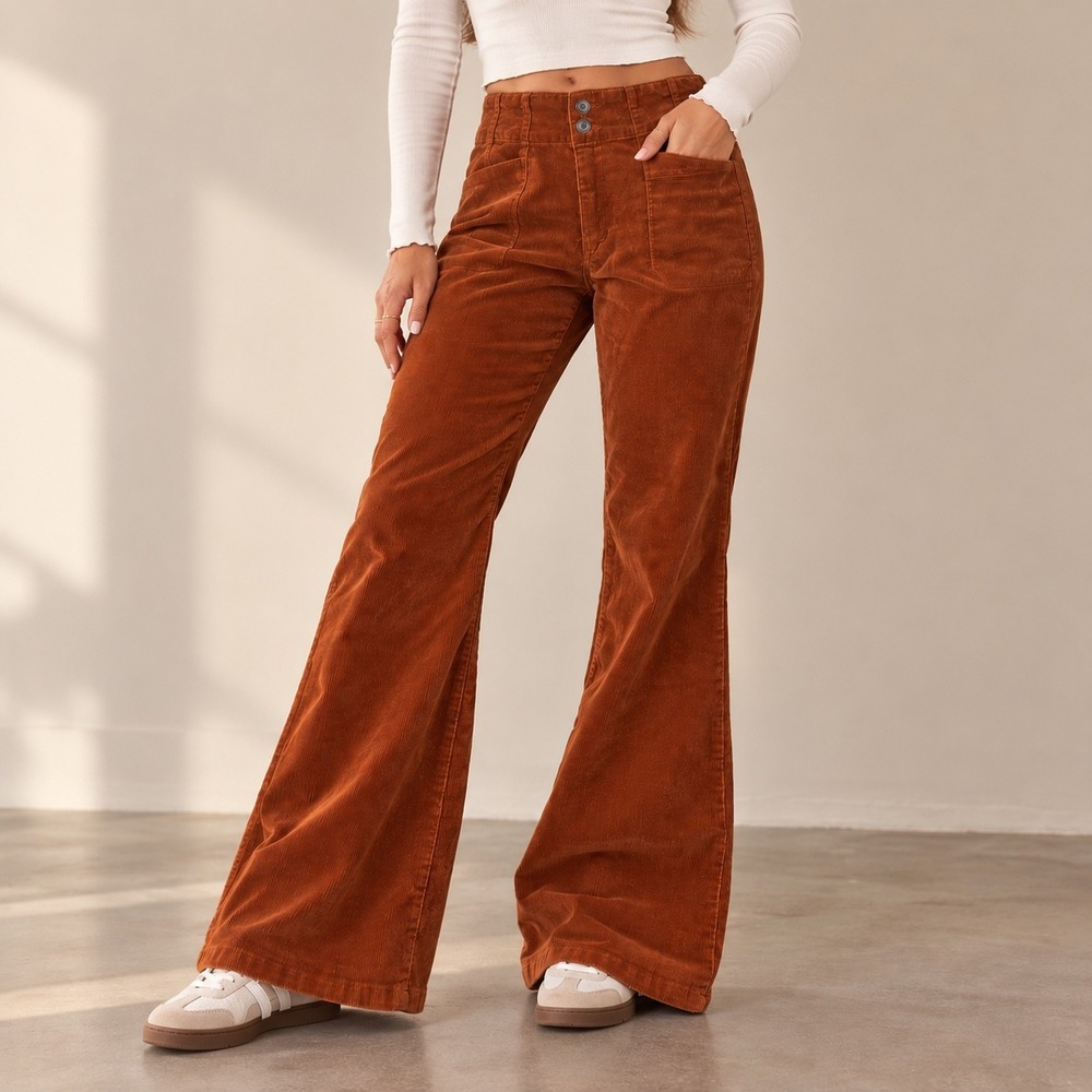 Kensie Savannah High Rise Corduroy Flare Pants Rust Burnt Orange Size 14